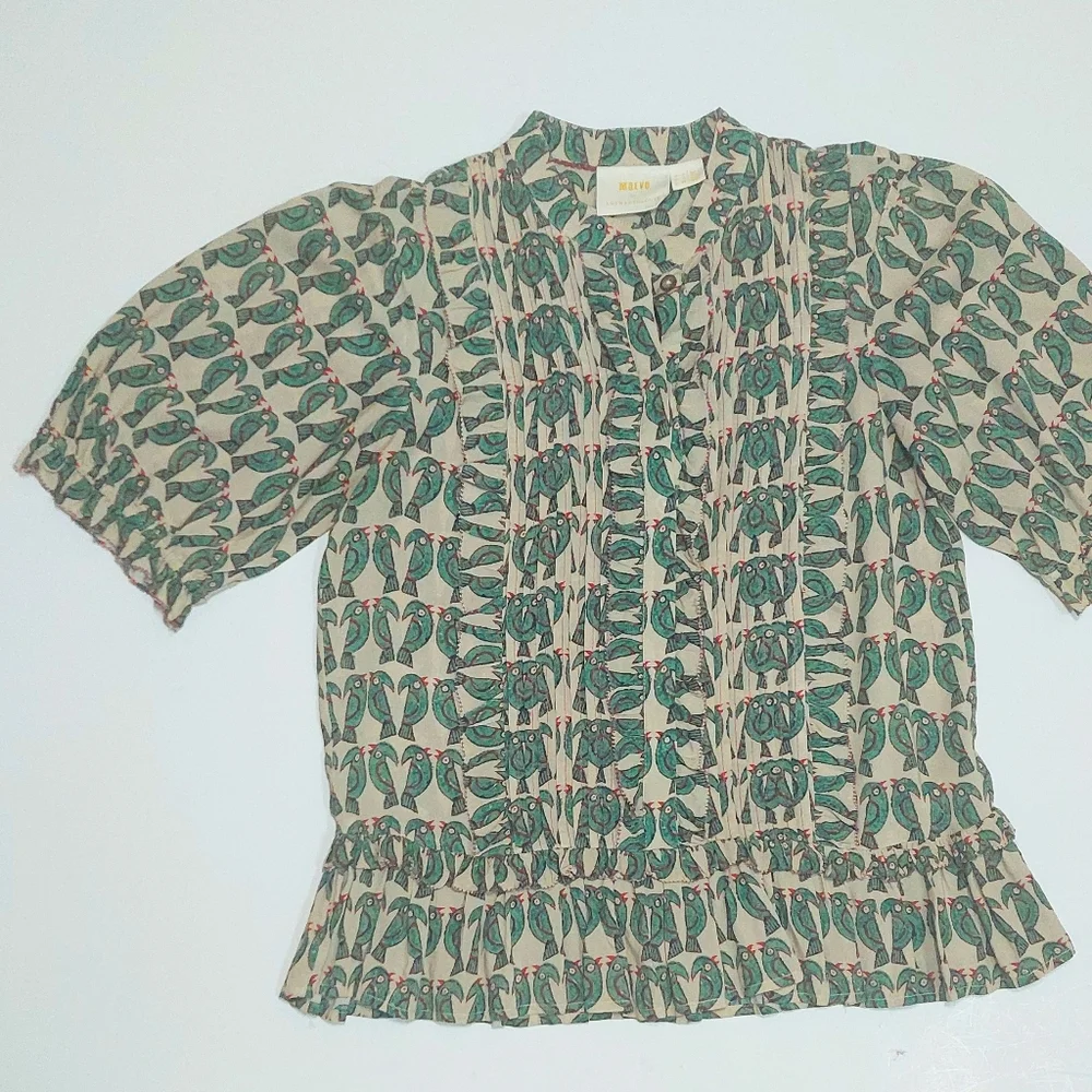 NWOT Anthropologie Maeve Parrot Ruffled Pleated Puff Sleeve Peplum Top, Size S - Picture 4 of 11